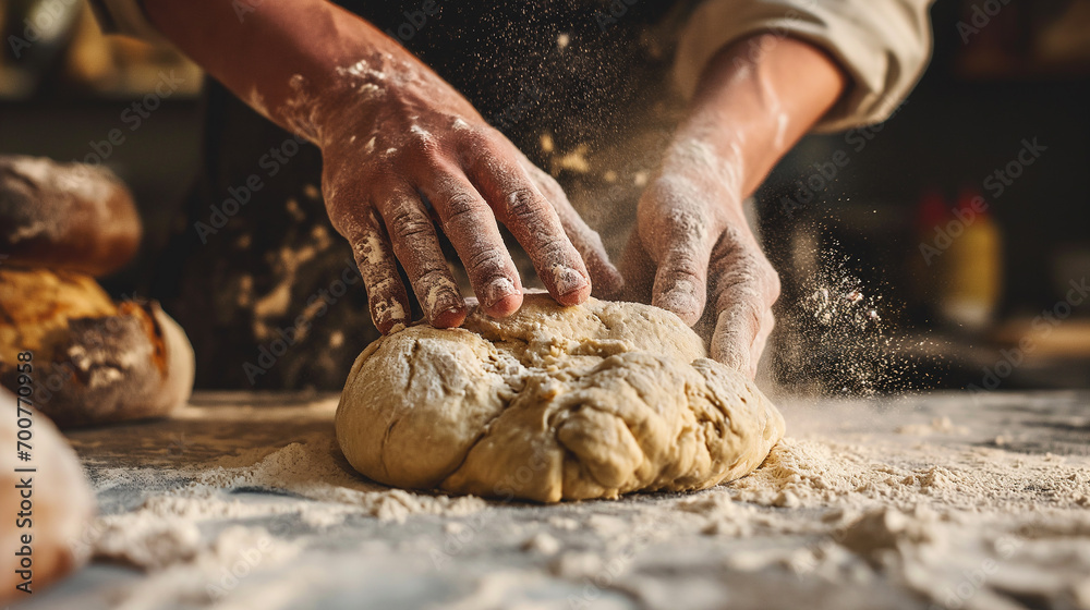 Baker's hands kneading bread.