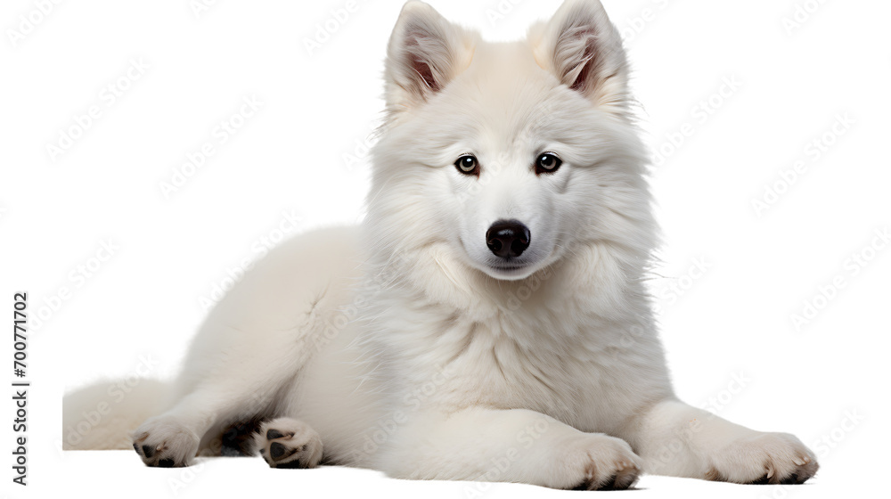 A peaceful, snow-white puppy rests with a content snout, embodying the gentle and loyal nature of canines