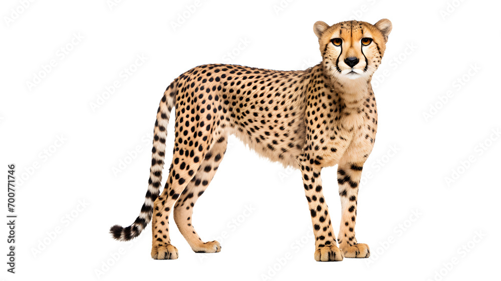A majestic cheetah stands tall on a dark canvas, exuding the power and grace of a fierce predator in its natural habitat