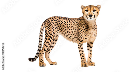 A majestic cheetah stands tall on a dark canvas, exuding the power and grace of a fierce predator in its natural habitat