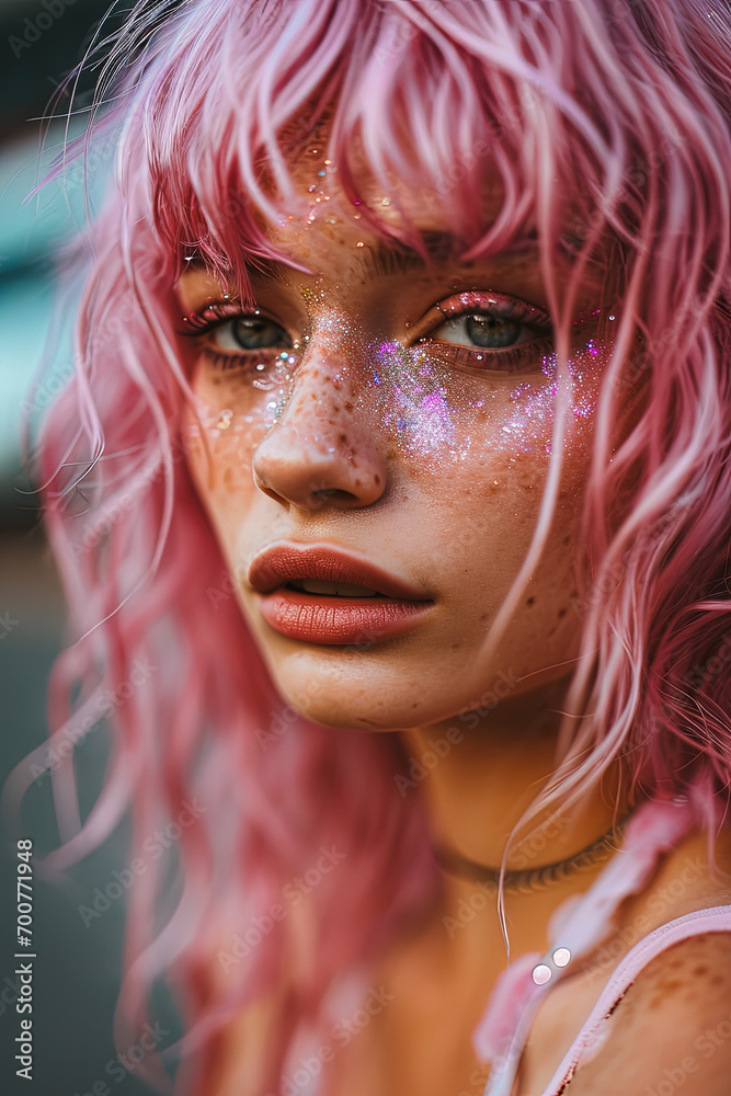 Beauty portrait of a young caucasian woman with pink hair Beauty portrait of a young caucasian woman with pink hair