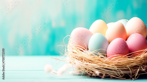 Multi colors Easter eggs in the woven basket on colored background . Pastel color Easter eggs. holiday concept with copy space.