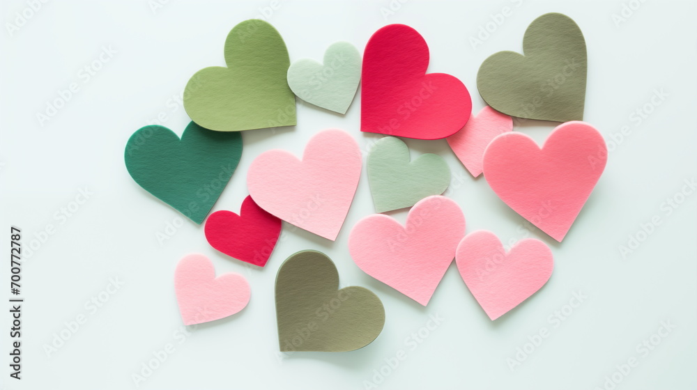 Pastel pink and green felt hearts on a light green background in top view with copy space for text. Valentine's Day, love, hobby concept.