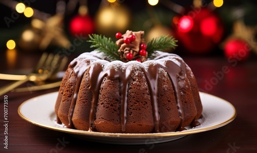 chocolate bundt cake on a cake plate