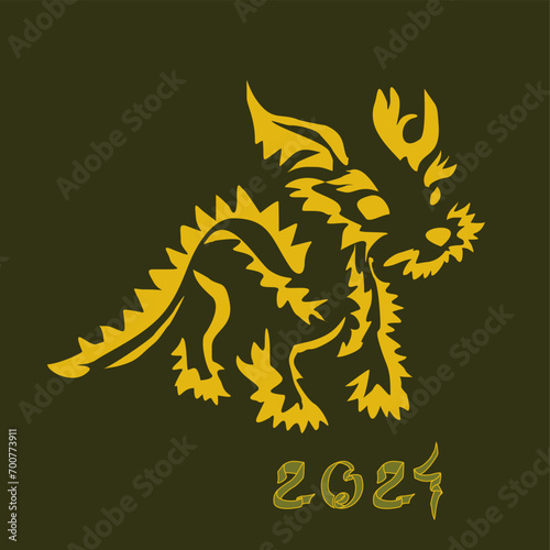 New Year card with 2024 year of the dragon! Chinese horoscope symbol. Golden earth dragon logo