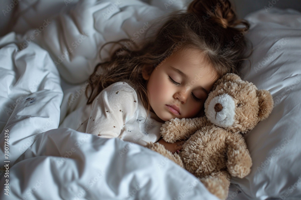 A cute little girl with dark hair sleeps serenely, gently hugging a soft teddy bear, the concept of sleep and rest, healthy lifestyle and development A cute little girl with dark hair sleeps serenely, gently hugging a soft teddy bear, the concept of sleep and rest, healthy lifestyle and development