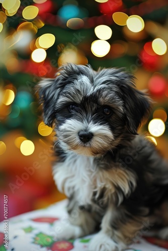 Festive Holiday Portrait of a Playful Bichon Puppy Wearing Santa Hat
