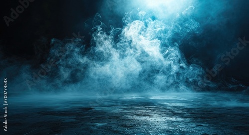 Abstract Studio Room with Floating Smoke on Dark Concrete Floor: Grunge Spotlight Background