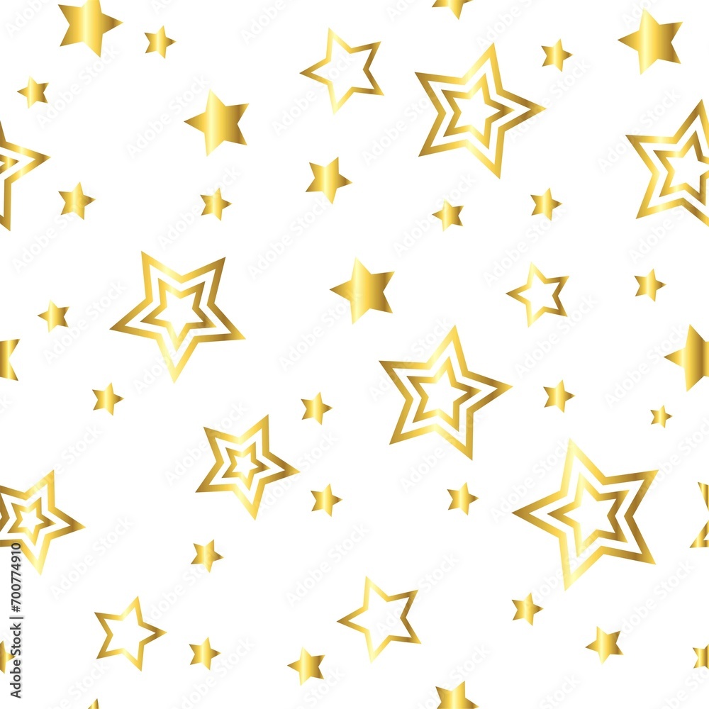 Gold flying stars, trendy seamless pattern. Festive decor, gold sparkles confetti on a white background. for print, postcard, paper, banner. art illustration.