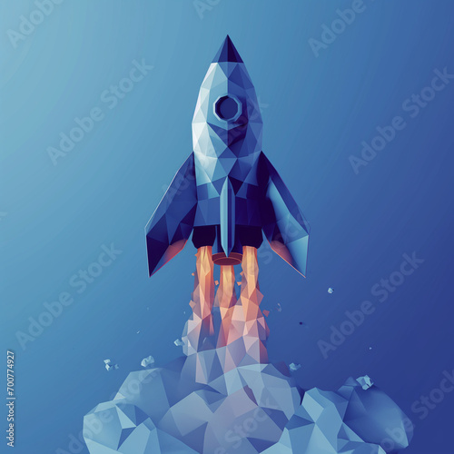 3D low-poly rocket soaring above icy peaks