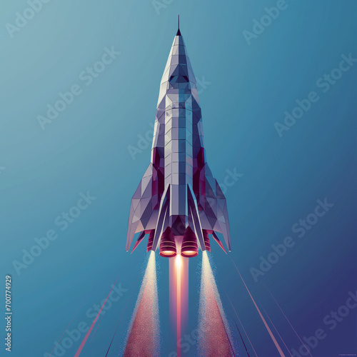 3D low-poly rocket soaring above icy peaks