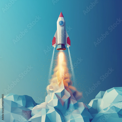 3D low-poly rocket soaring above icy peaks