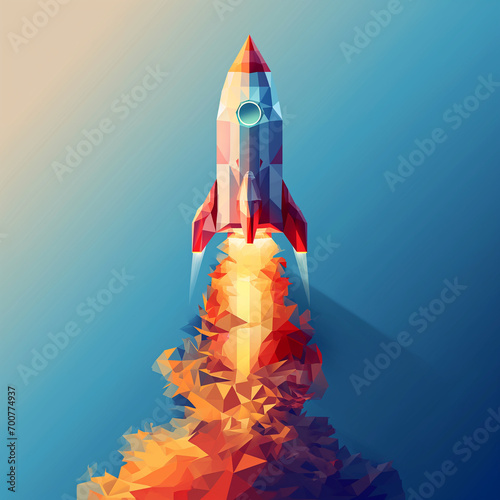 3D low-poly rocket soaring above icy peaks