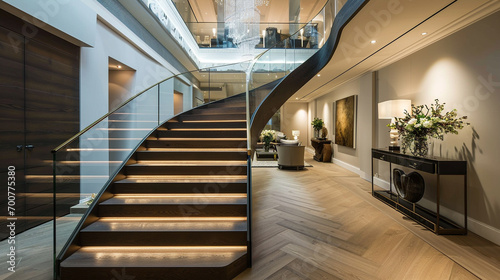 A grand wooden Neon staircase with a striking contrast of dark walnut steps and light oak landings, clear glass railings, and elegant LED lighting.