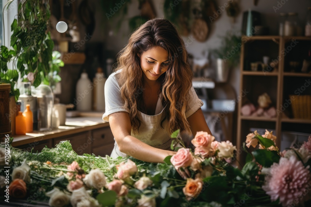 Beautiful young florist in flower shop