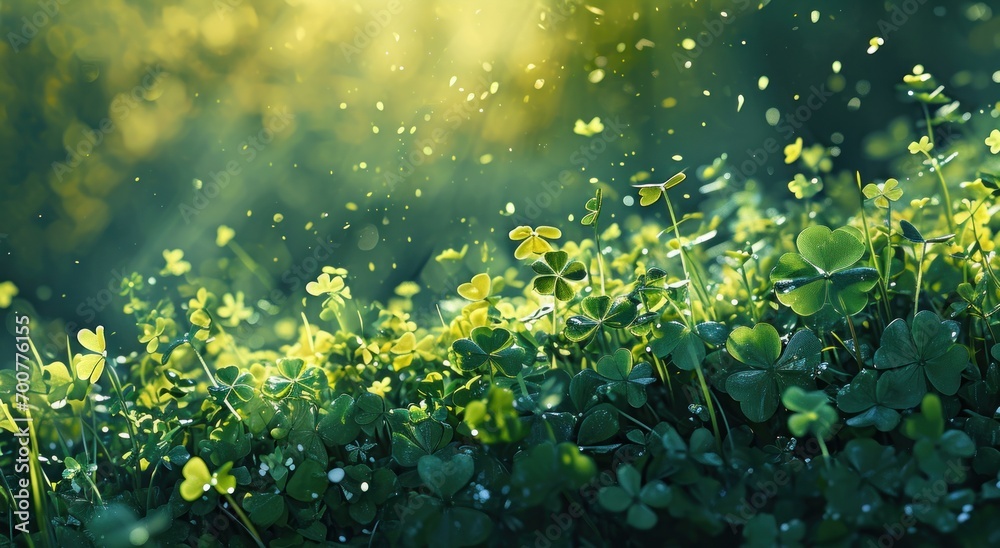 Obraz premium green field of shamrocks background with light rays