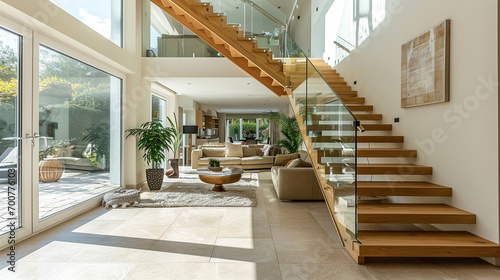 A luxurious light oak staircase with glass balustrades  set in a spacious  high-ceilinged living area with ample natural light.