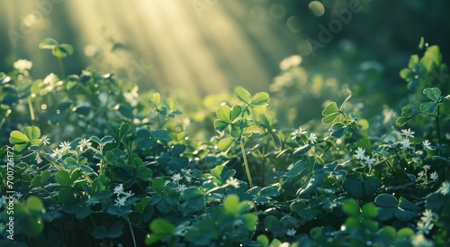 green field of shamrocks background with light rays