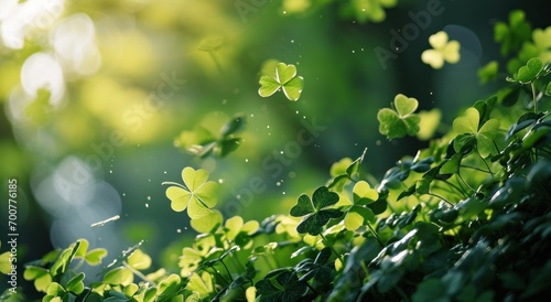 green leaves with some shamrocks flying on top of the green