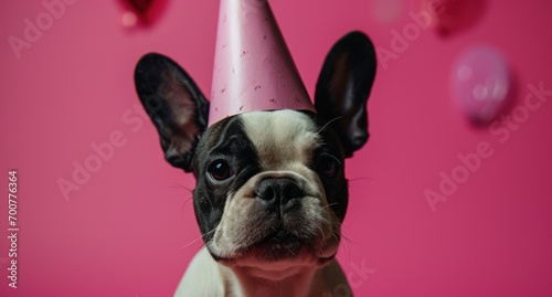 little french bulldog party hat isolated on pink