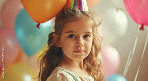 little girl celebrating her birthday with balloons