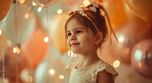 little girl celebrating her birthday with balloons