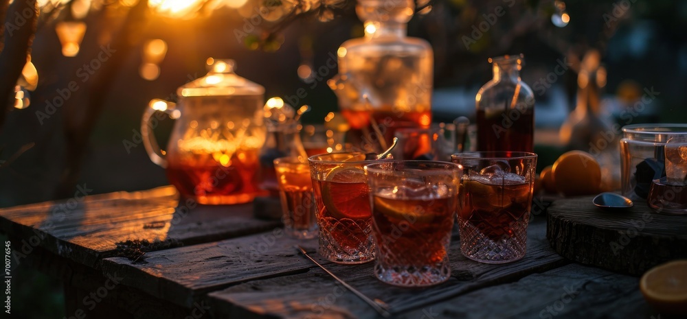 outdoor cocktail table with small cups and several liquid drinks outdoor cocktail table with small cups and several liquid drinks