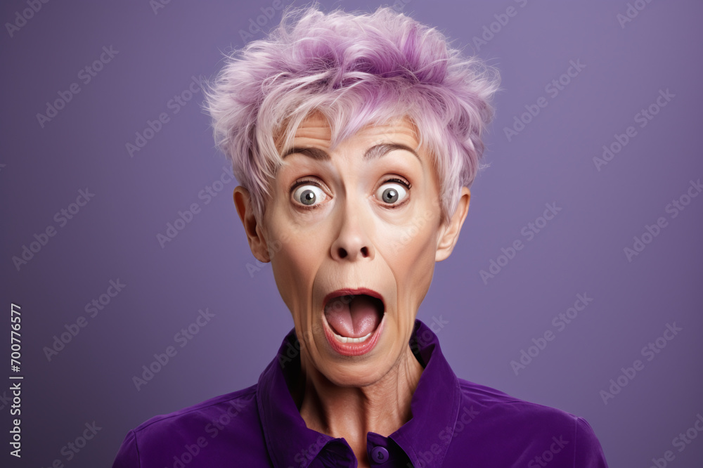 Portrait of an elderly woman who opened her mouth in surprise, an expression of fear or surprise on her face