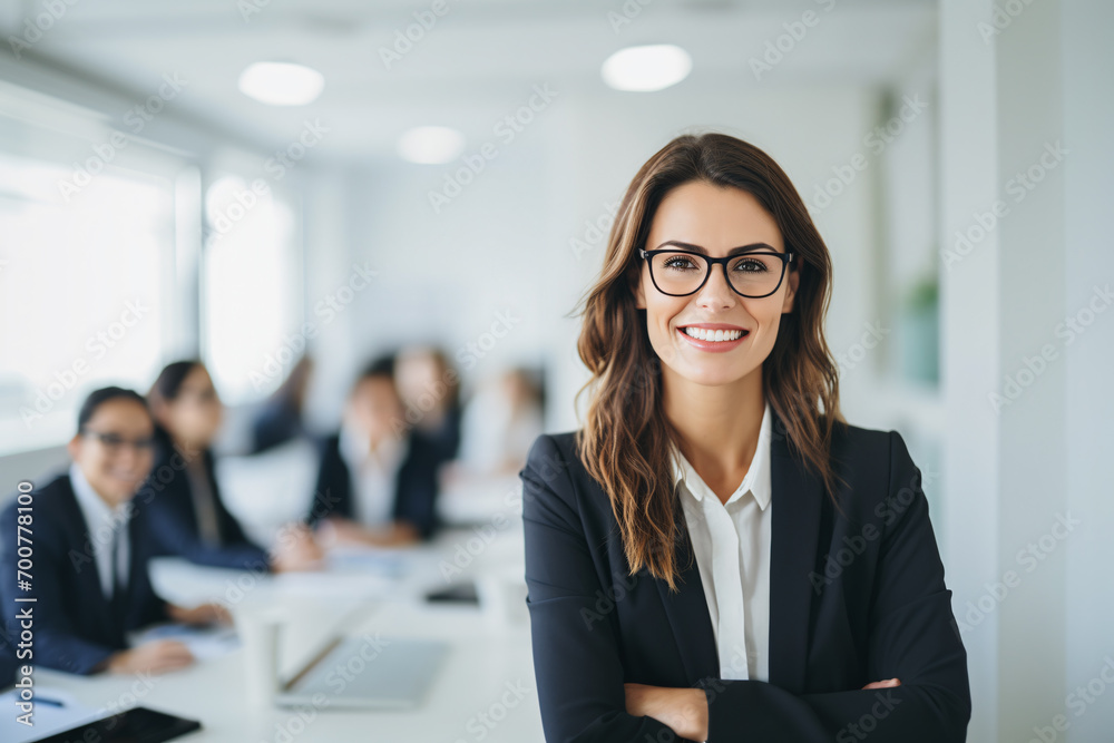 young businesswoman smiling at camera while standing in office young businesswoman smiling at camera while standing in office