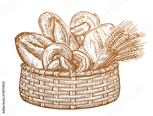 Various kinds of breads and ears of wheat in basket. Fresh baked goods, sketch vintage vector illustration