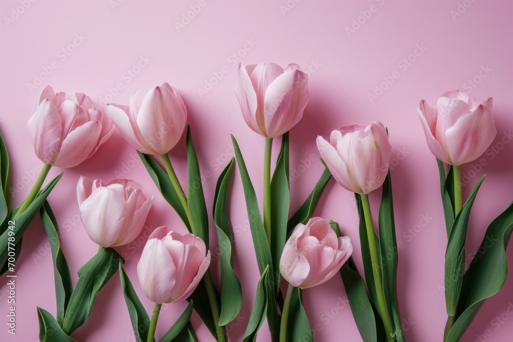 pink tulips on a pink background, flat lay, pink tulips on a pink background, flat lay,
