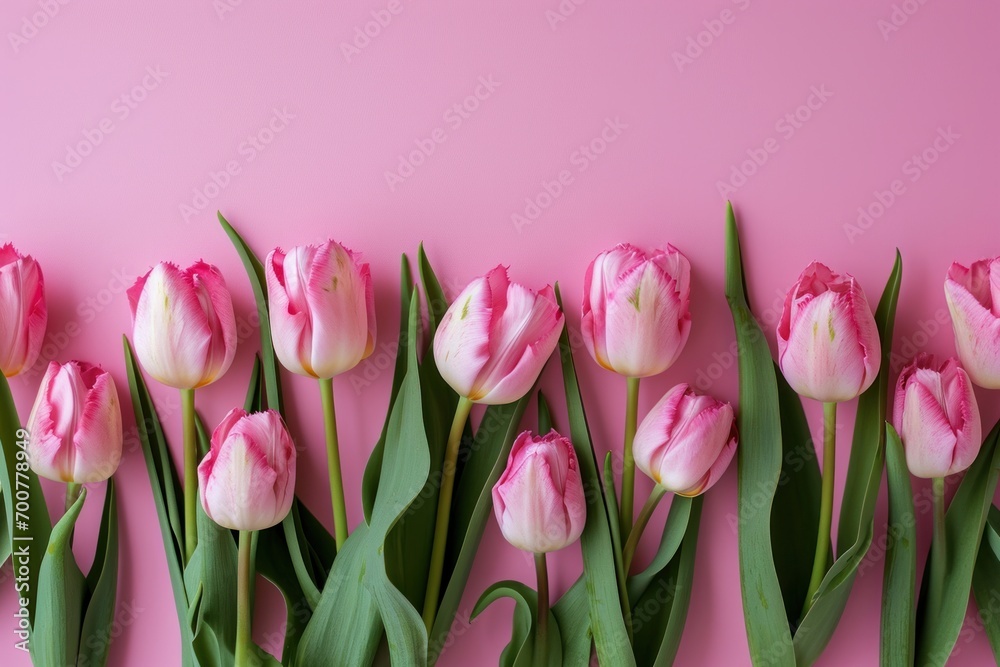 pink tulips on pink background with copy space