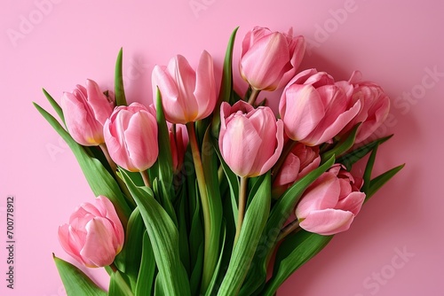 pink tulips against a pink background with a tabletop