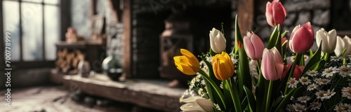 pink, yellow and white tulips are sitting next to the fireplace