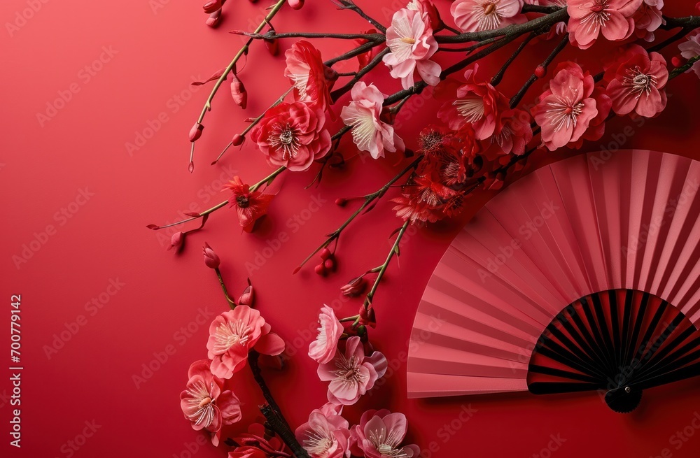 red background decorated at the chinese new year with a pink fan and flowers