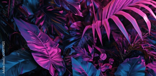 purple and pink background with tropical leaves