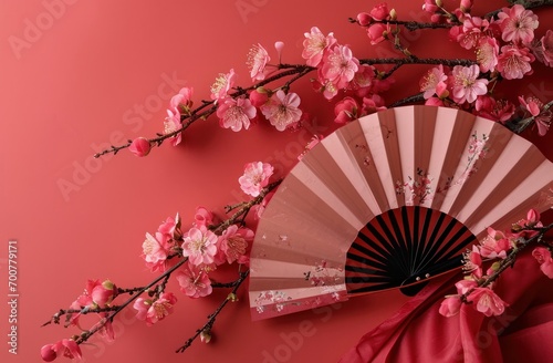 red background decorated at the chinese new year with a pink fan and flowers