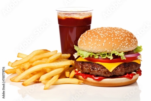 Cheeseburger, fries, and cola on a white backdrop – the classic trio.