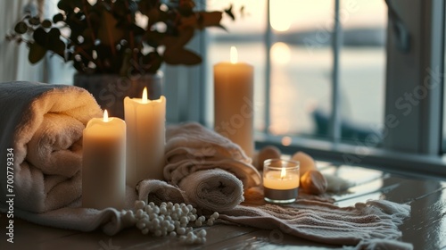 spa table full of towels and white candles