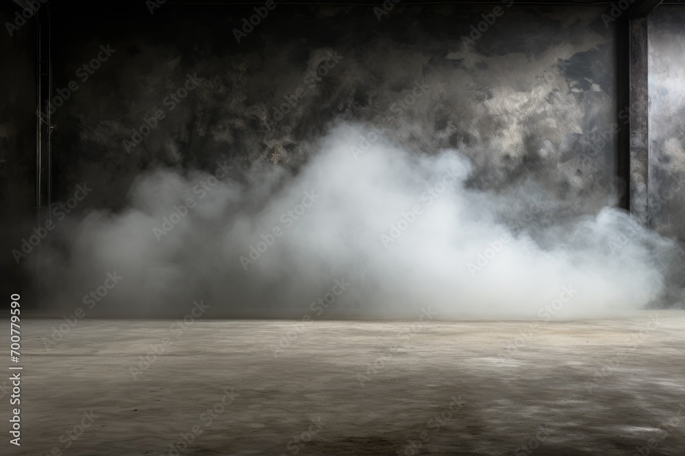 Gray textured concrete platform, podium with smoke