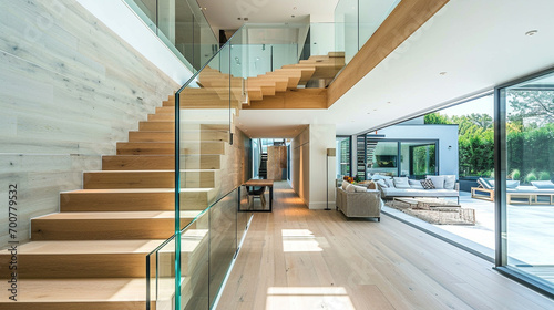 A modern  light oak staircase with frameless glass sides  enhancing the sense of openness in a contemporary home.