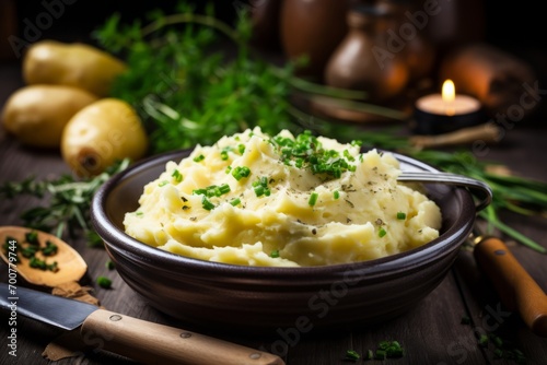 An inviting shot of a hearty serving of mashed potatoes, beautifully garnished and served on a rustic table setting