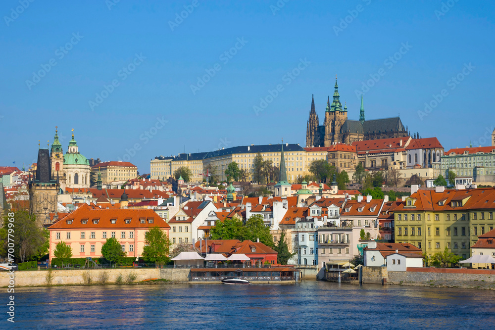 Famous Hradcany castle and St. Vitus Cathedral in Prague, Czech Republic, in sunny day