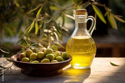 The golden glow of extra virgin olive oil in a rustic bottle, set against fresh olives and a branch from an olive tree in a Mediterranean kitchen