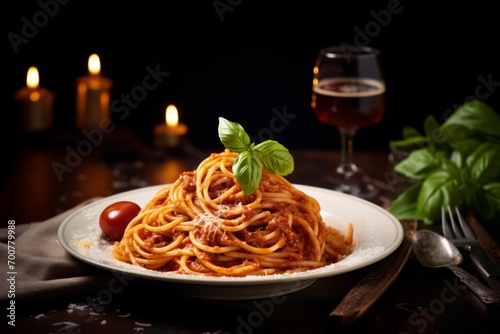 A delectable Italian meal of fresh spaghetti pasta, sprinkled with parmesan and basil, paired with a glass of red wine on a rustic table setting