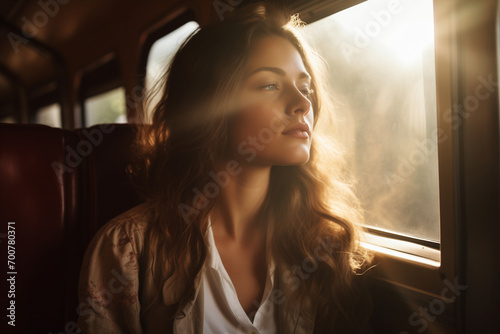 Young woman sits contemplatively by the train window, basking in the sunlight's rays as she journeys