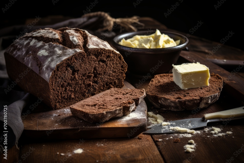 Φωτογραφία A loaf of traditional Pumpernickel bread, a bowl of butter and a bread knife on