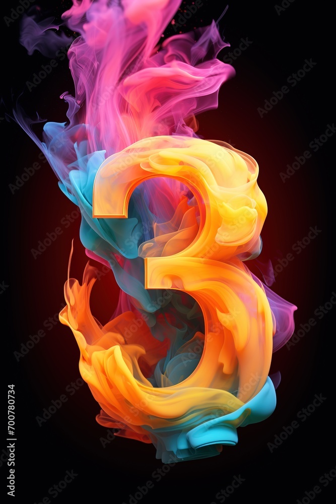 Colorful number three with vibrant smoke on black background. Symbol 3. Invitation for a third birthday party, business anniversary, or any event celebrating a third milestone. - obrazy, fototapety, plakaty 