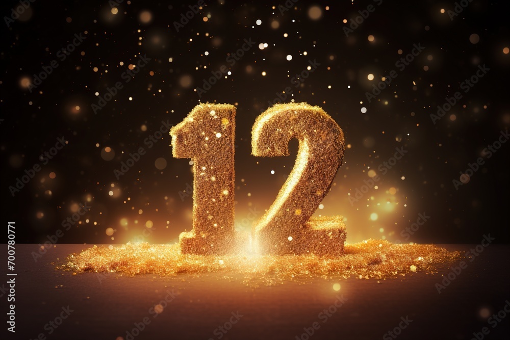 Golden sparkling number twelve on dark background with bokeh lights. Symbol 12. Invitation for a twelfth birthday party or business anniversary. - obrazy, fototapety, plakaty 