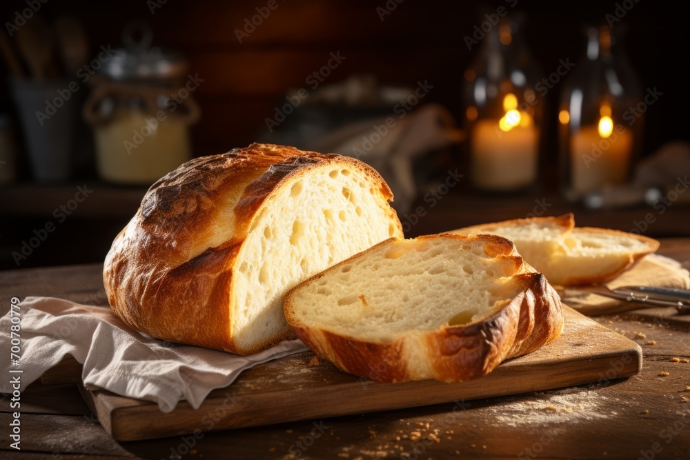 Bathed in the soft morning light, a loaf of delicious tiger bread waits to be enjoyed on a rustic wooden table